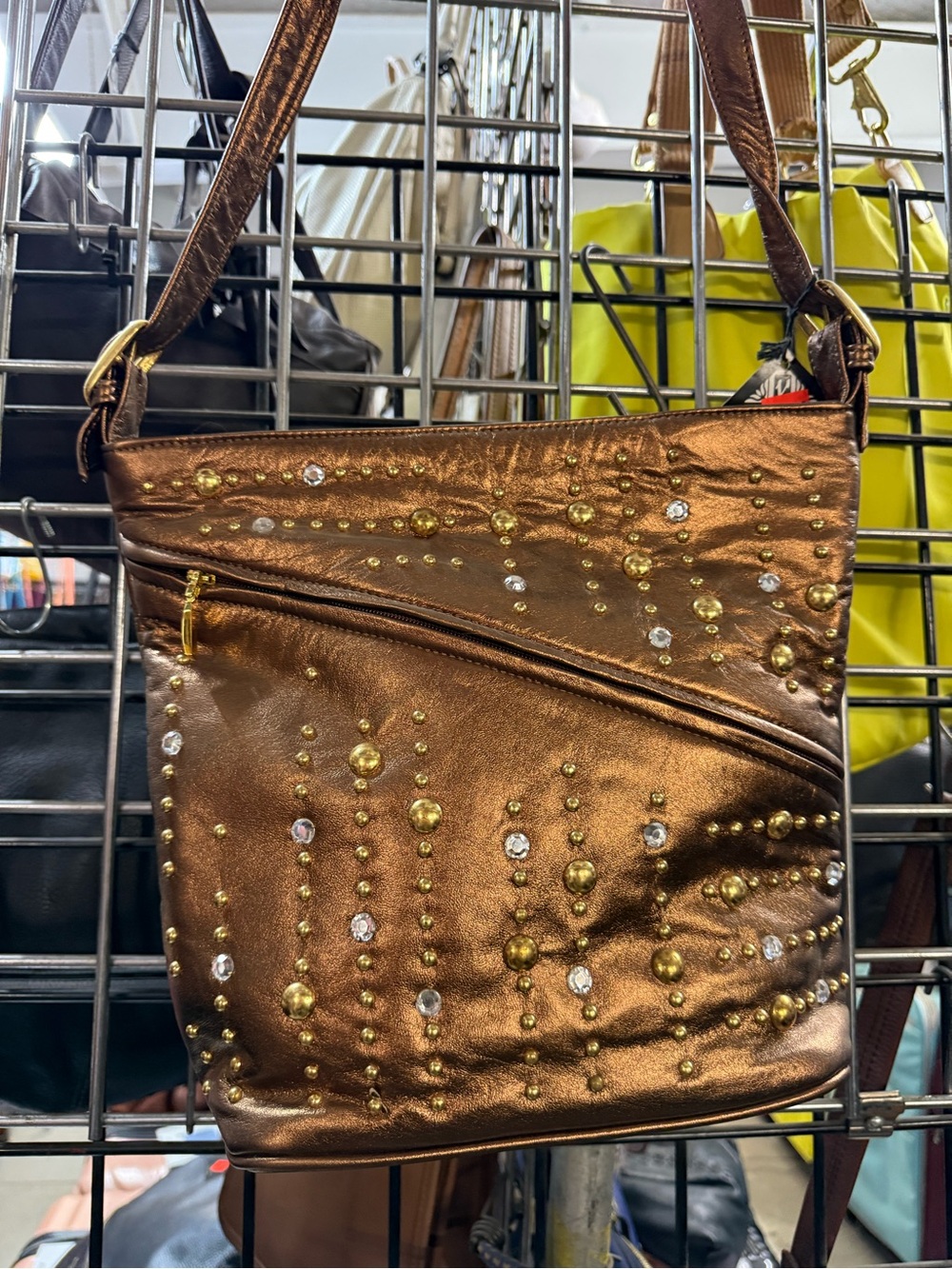 Vintage Metallic Bronze Studded Crossbody Bag - Women's Shoulder Purse